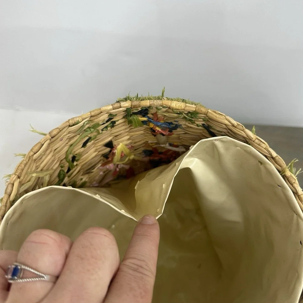 Vintage Woven Straw Raffia Lined Basket Embroidered Scarecrow Whimsical Fall